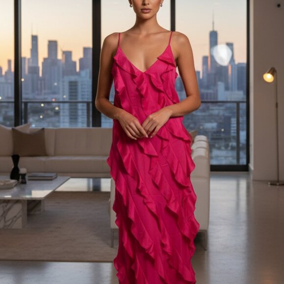 $198 By Anthropologie Bias-Cut Ruffled Midi Dress pink S - Picture 1 of 10